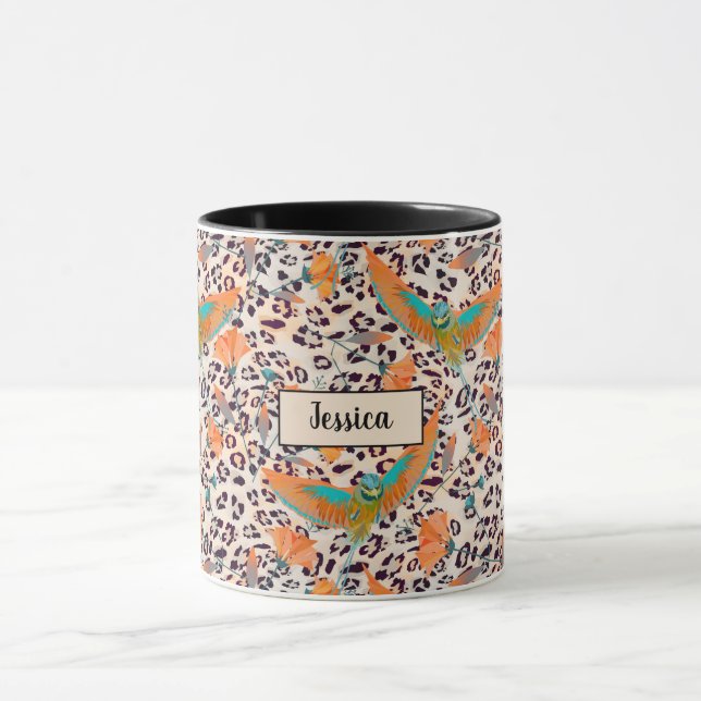 Mug Oiseau du Paradis, peau de léopard, Corail et turq (Centre)