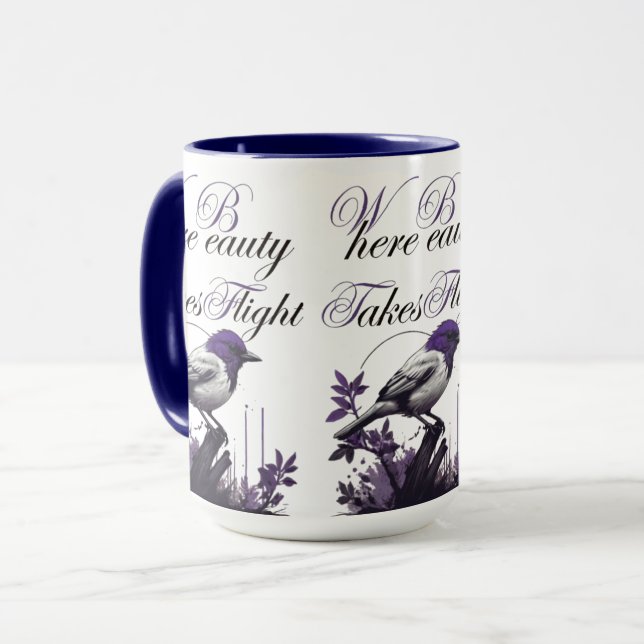 Mug Oiseau en fleur | Harmonie violette et gris (Devant gauche)