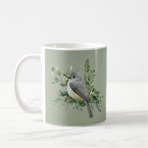 Mug Oiseau gris sur la boue de arrière - plan vert oli