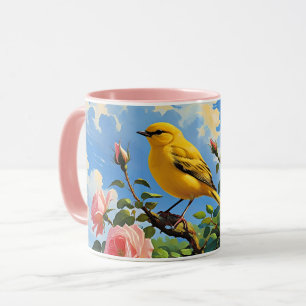 Mug Oiseau jaune coloré et jolies roses roses