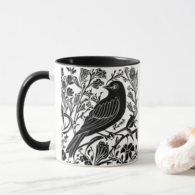 Mug Oiseau sur une branche avec Fleurs en noir et blan (Avec donut)