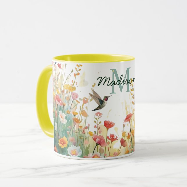 Mug Oiseaux aquarelle de printemps Monogramme floral F (Devant gauche)