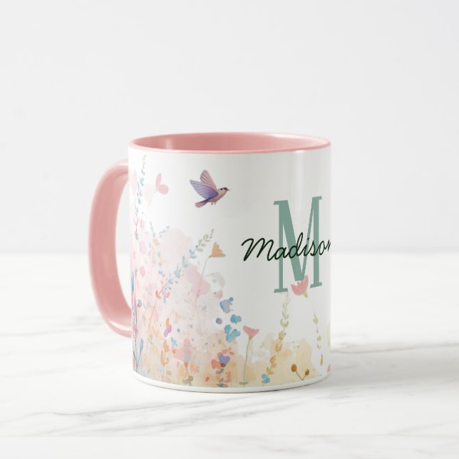 Mug Oiseaux aquarelle printemps monogramme floral Fleu (Devant gauche)