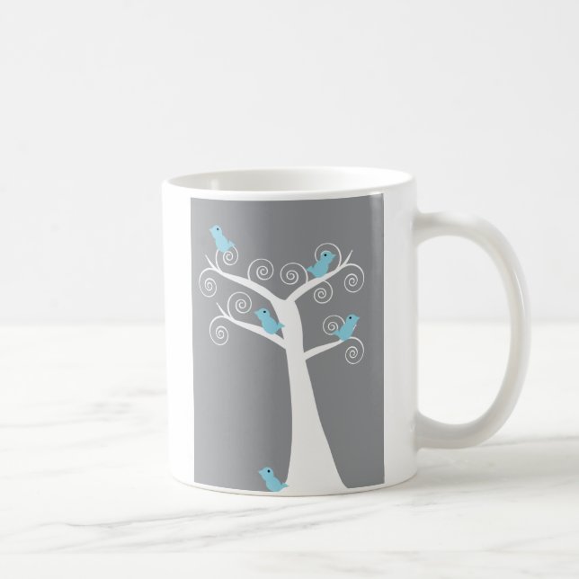 Mug Oiseaux bleus fantaisistes sur fond gris d'arbre b (Droite)