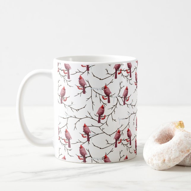 Mug Oiseaux cardinaux, cerises d'hiver et Motif de nei (Avec donut)