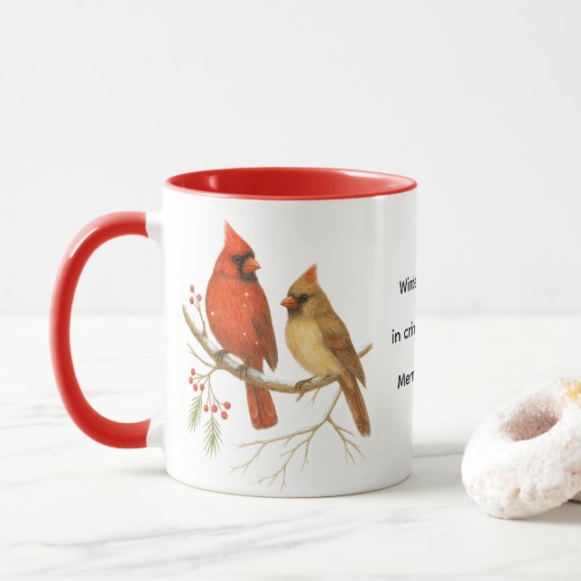 Mug Oiseaux cardinaux de Noël Faune festive  (Avec donut)