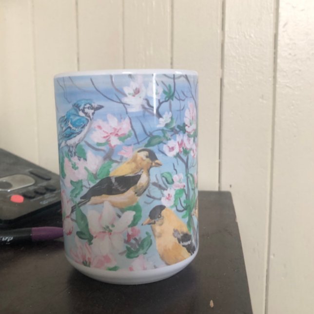 Mug Oiseaux dans le jardin bleu jay jaune finch (Bone China Turned out wonderfully)