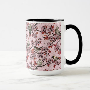 Mug Oiseaux et fleurs de cerisier sur fond rose