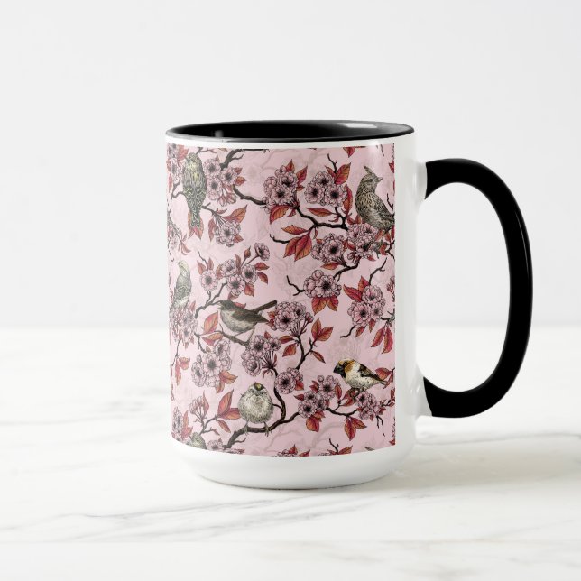 Mug Oiseaux et fleurs de cerisier sur fond rose (Droite)