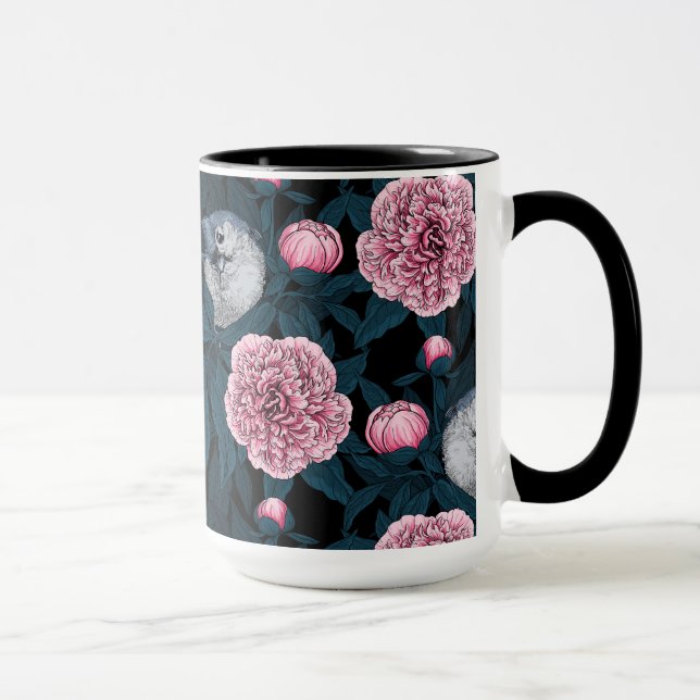 Mug Oiseaux et fleurs de pivoines roses avec feuille (Droite)