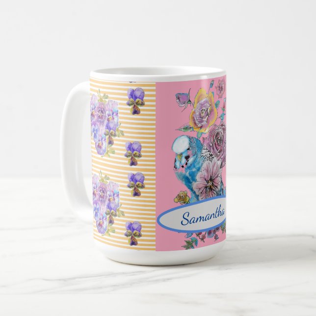 Mug oiseaux floraux Budgie bleu rose peint à la ma (Devant gauche)