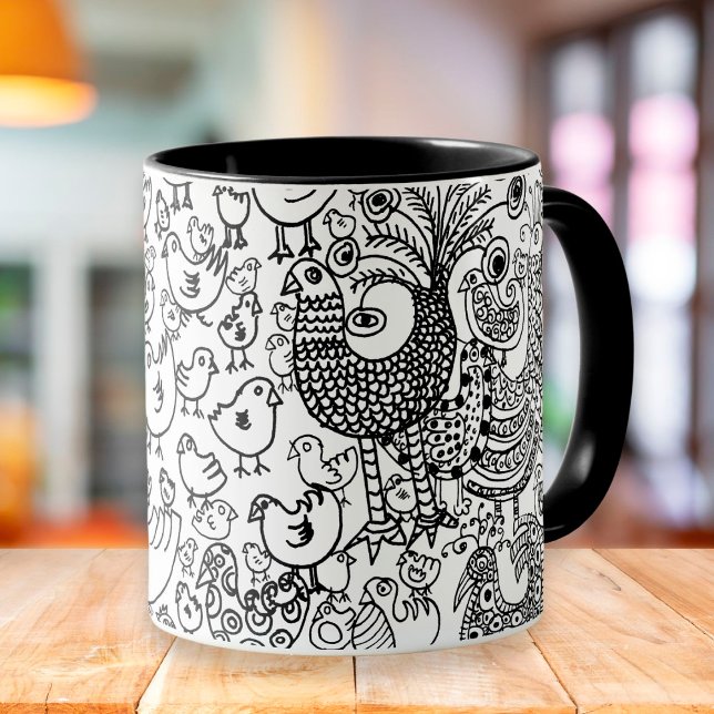 Mug Oiseaux Main noire et blanche dessinée Art moderne (Créateur téléchargé)