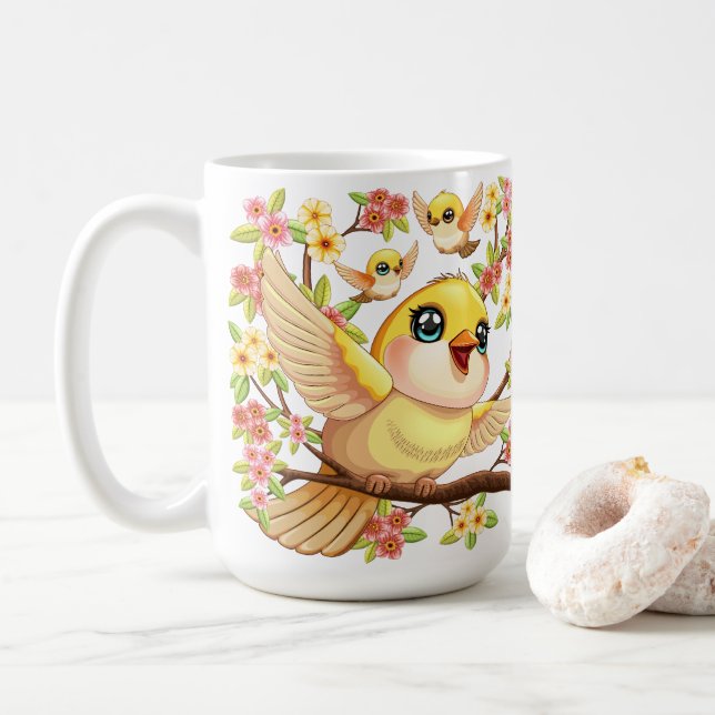 Mug Oiseaux mignons et heureux parmi les fleurs du pri (Avec donut)