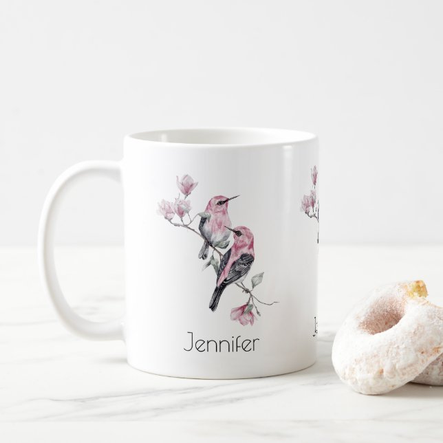Mug Oiseaux roses et noirs sur une branche d'arbre (Avec donut)