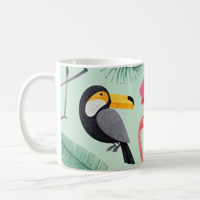Mug Oiseaux tropicaux, fleurs, motif d'aquarelle. (Gauche)