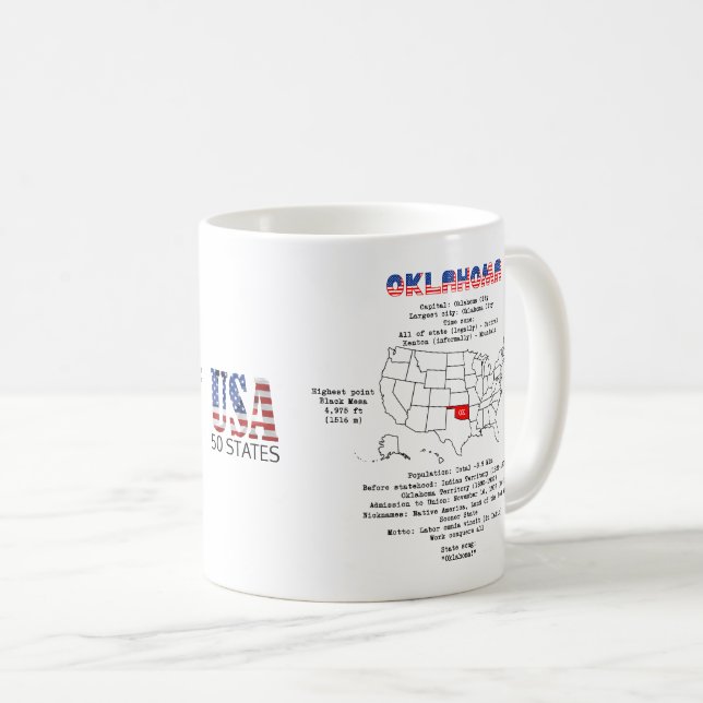 Mug Oklahoma Etat américain sur une carte et des infor (Devant droit)