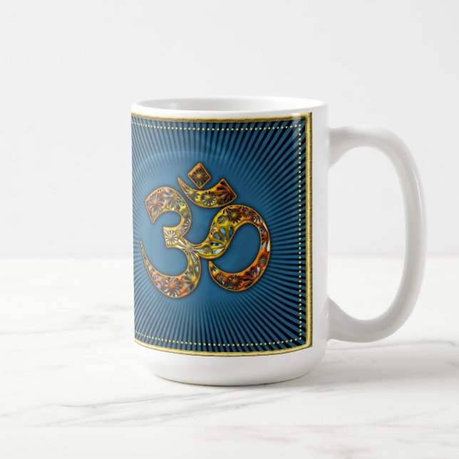 Mug OM (AUM - BIN) - XL - Gold - Cadre bleu (Droite)