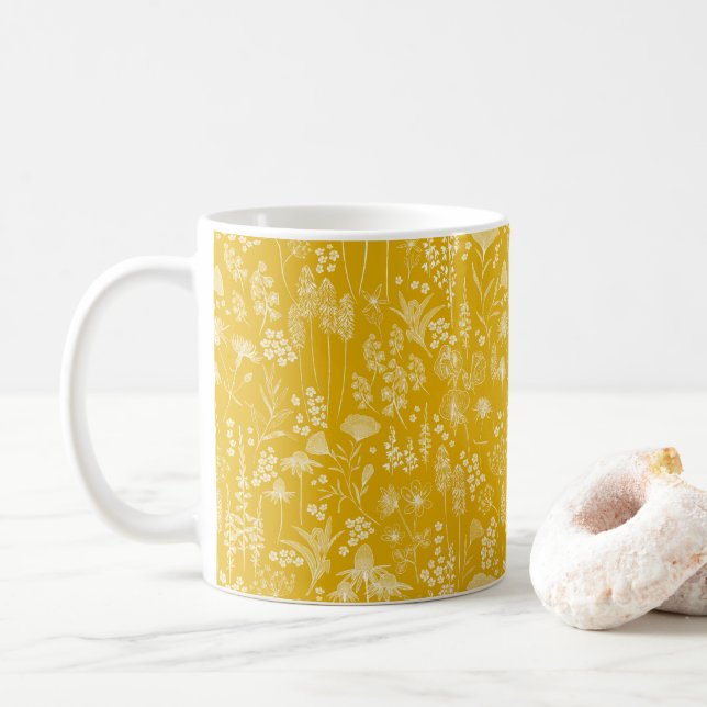 Mug Ombre fleur sauvage blanc sur jaune doré (Avec donut)