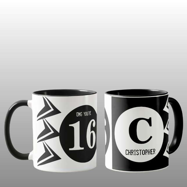 Mug OMG vous êtes 16 monogramme nom blanc et noir (Créateur téléchargé)