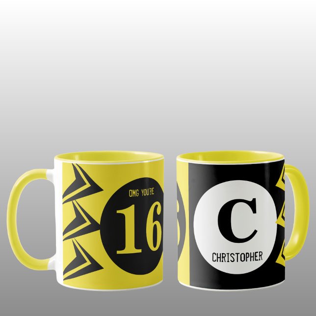Mug OMG vous êtes 16 monogramme nom jaune et noir (Créateur téléchargé)