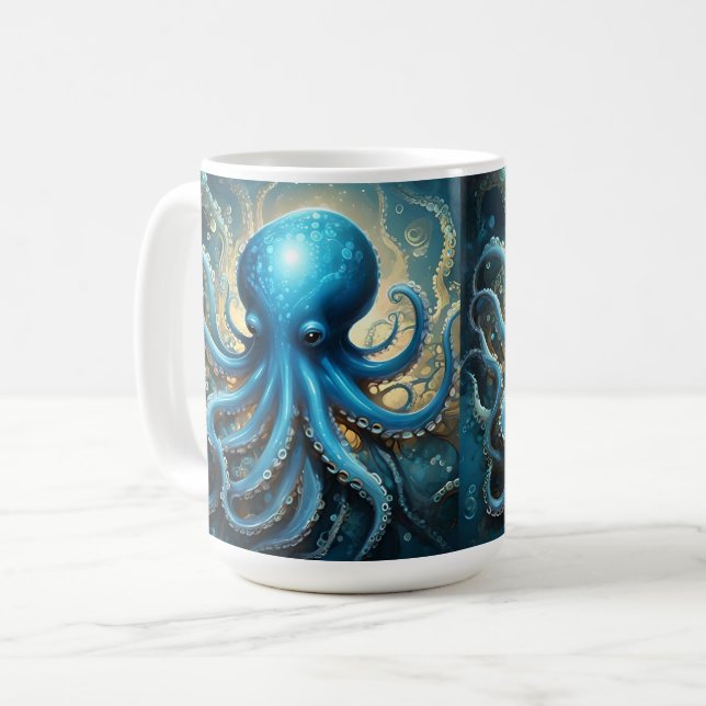 Mug Ondes Célestes : L'Art Fractal de la Pieuvre Bleue (Devant gauche)