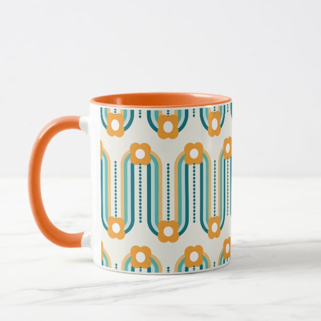 Mug Ondes et fleurs rétro, sarcelle, aqua, orange (Gauche)
