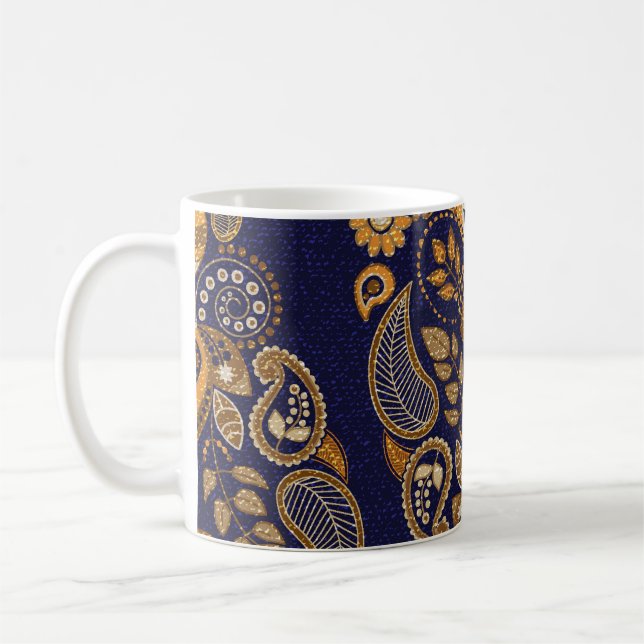 Mug Or et bleu, motif sans couture fleurie. (Gauche)