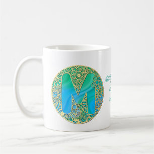 Mug Or, lettre M turquoise et fleurs colorées