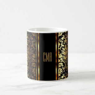 Mug Or métallique de monogramme et damassé noire