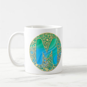 Mug Or, Monogramme M Turquoise et Fleurs Colorées