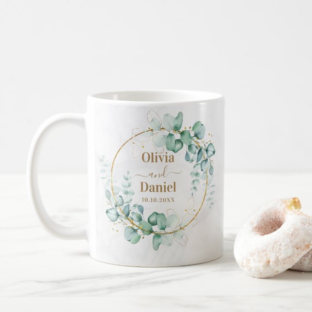 Mug Or vert botanique personnalisé pour mariage (Avec donut)