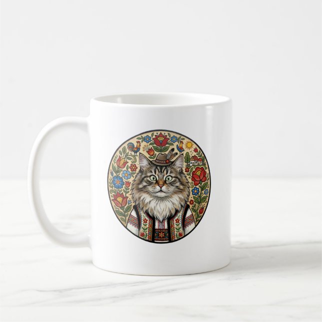 Mug Oracle of Morning: Balkan Folk Art Siberian Cat (Gauche)