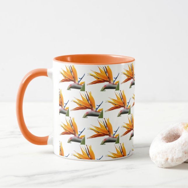 Mug Orange Bird of Paradise Plante Motif en blanc (Avec donut)
