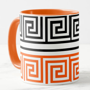 Mug Orange Blanc Noir Clé grecque Fret Motif Design