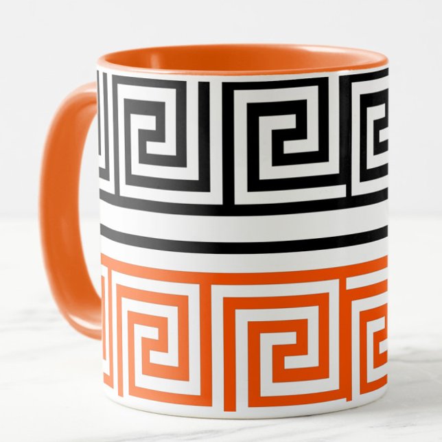Mug Orange Blanc Noir Clé grecque Fret Motif Design (Créateur téléchargé)