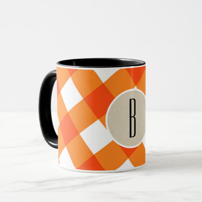 Mug Orange Blanche Carreaux Kraft Rustique Monogramme  (Devant gauche)