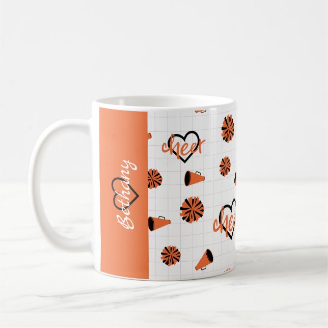 Mug Orange Coeurs de poire, Pom Poms, Motif de mégapho (Gauche)