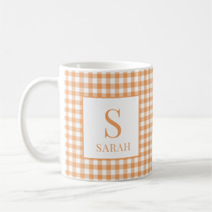 Mug Orange Gingham à Carreaux Monogramme Nom