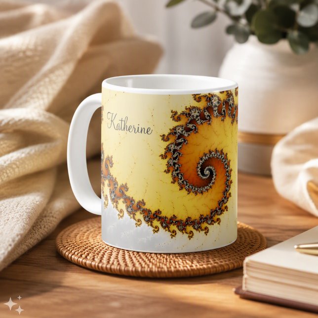 Mug Orange Gris Moderne Spirale Fractale Avec Nom (Créateur téléchargé)