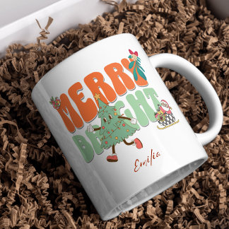 Mug Orange Retro Joyeux Bright Nom personnalisé Noël