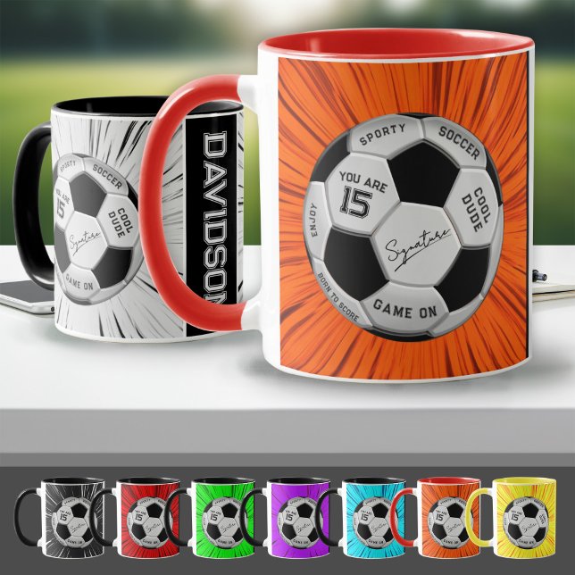 Mug Orange Soccer Ball Custom Text Birthday Milestone  (Créateur téléchargé)
