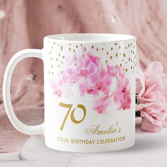 Mug Orchidée Rose Aquarelle Paillettes Dorées 70e Anni (Créateur téléchargé)