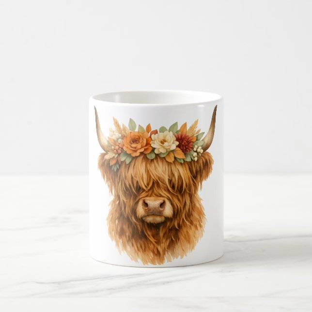Mug Oreiller jeté Boho Highland Cow avec couronne flor (Centre)