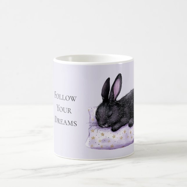 Mug Oreiller Lavande Étoiles Dorées Lapin Noir Endormi (Centre)