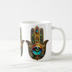 Mug Orné Hamsa Coloré Or Sur Fond Rouge Troisième Œil 