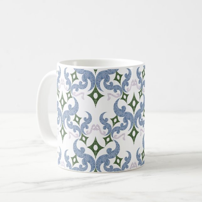 Mug ornement damassé bleu et vert pointillisme (Devant gauche)