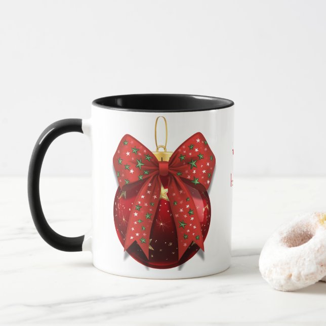 Mug Ornement de fête rouge avec ruban  (Avec donut)