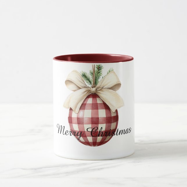 Mug Ornement de Noël à rayures écossaises rouges et cr (Centre)