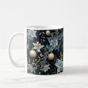 Mug Ornements de Noël bleu et or Poinsettias