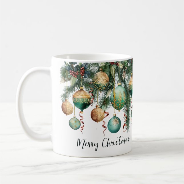 Mug Ornements de Noël en or et vert (Gauche)